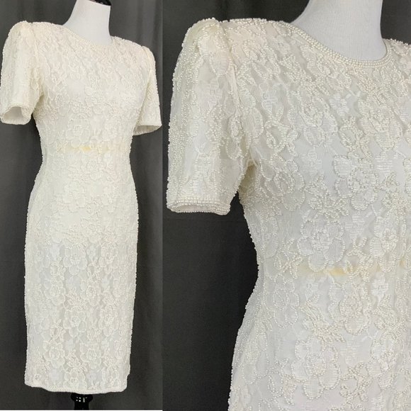 Laurence Kazar Dresses & Skirts - Laurence Kazar White Lace Pearl Beaded Dress Sz S